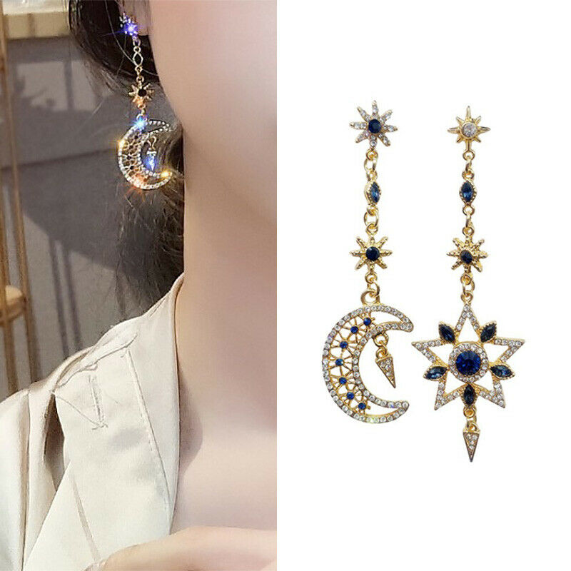 Women Retro Blue CrystalStar Moon Drop Dangle Earrings Charm Ear Stud JewelrH Rf