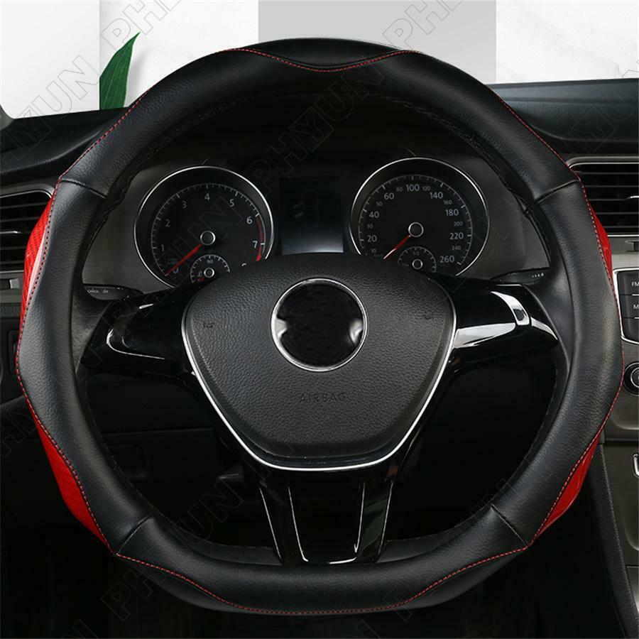Black Leather + Red Carbon Fiber Car Steering Wheel Cover Type D 38 CM Universal