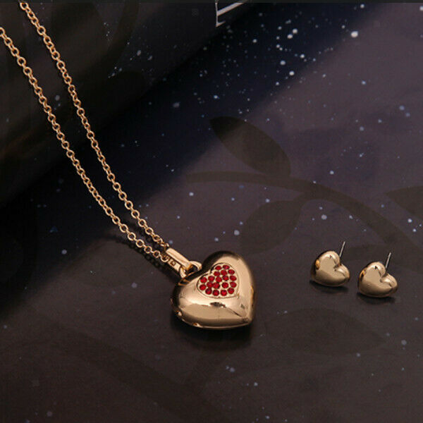 Novelty Heart Design Red Rhinestone Necklace Earring Jewelry Set