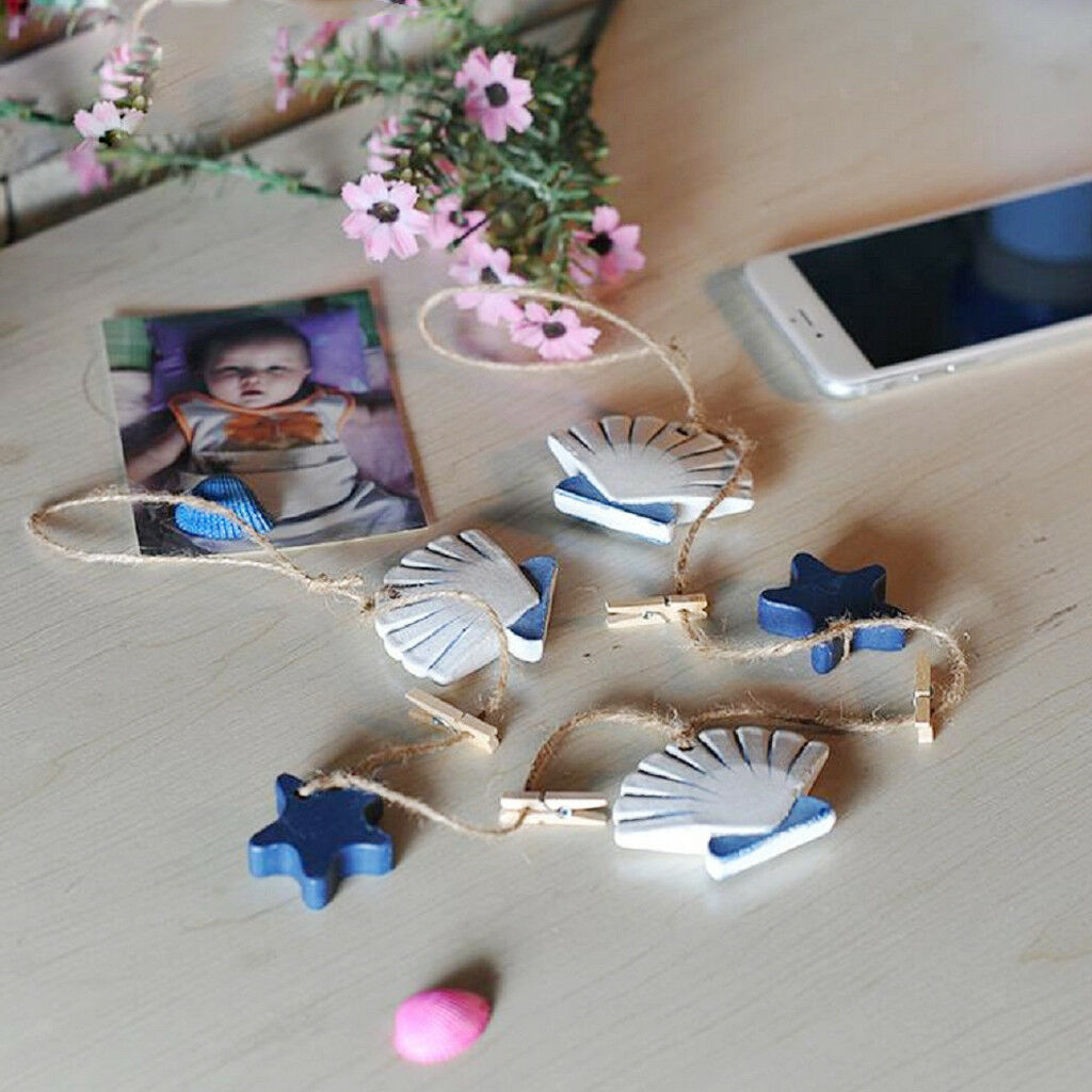 Wood Picture Photo Peg Clip Hanging String Window Wall DIY Decor - Shells