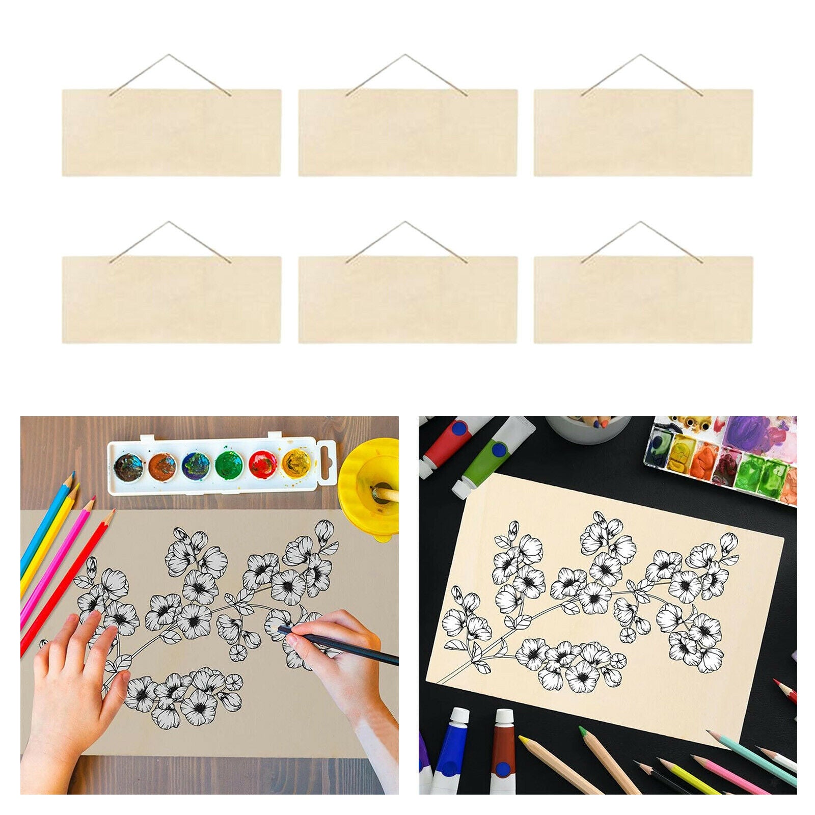 6x Wood Plaques Bulk Wooden Sign Board with Ropes DIY Pyrography Crafts
