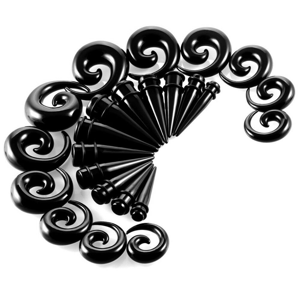 36pcs Black Acrylic Ear Taper Plug Spiral Expander Stretching Kit Gauges 14G-00G