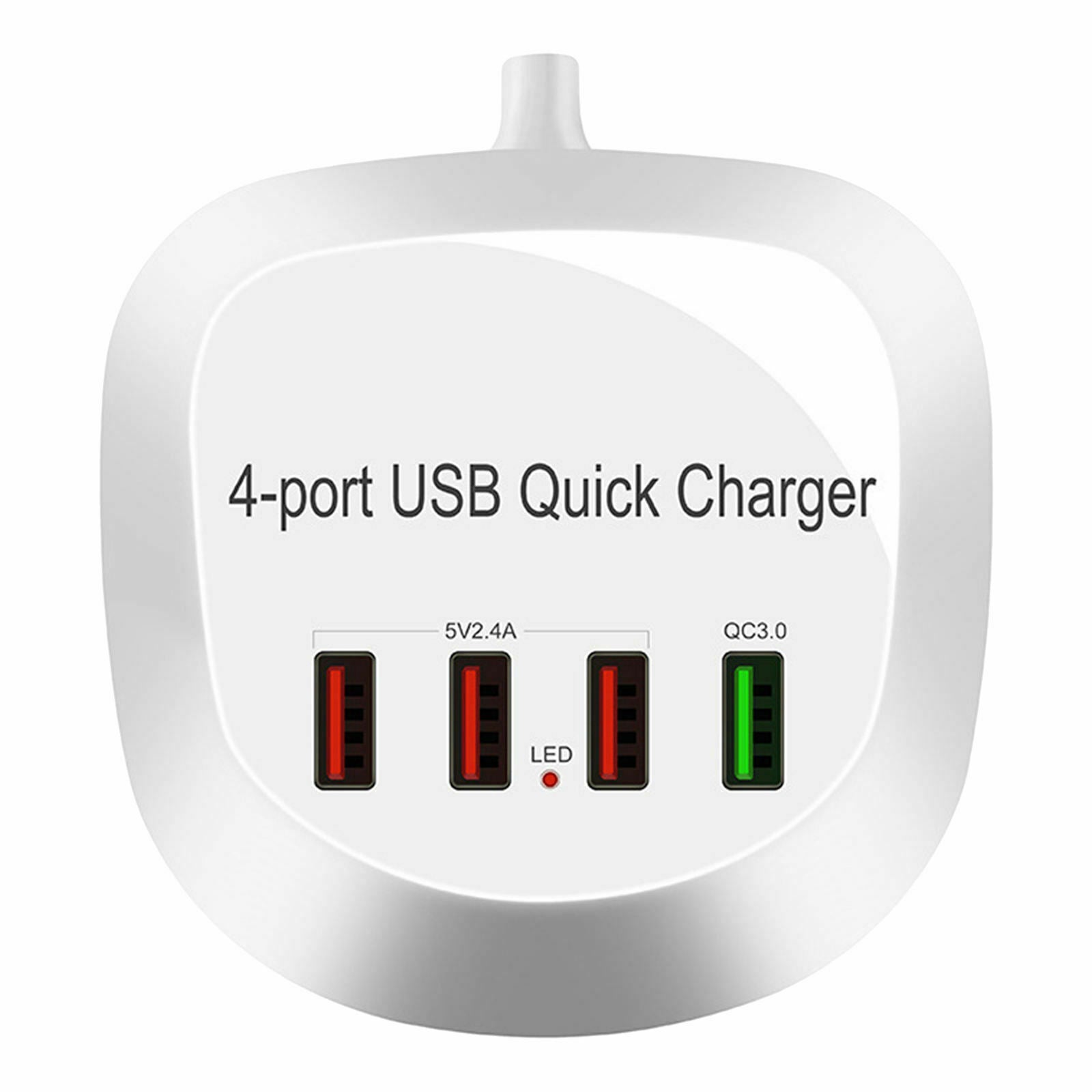 USB Charger Hub with QC 3.0 4 USB Ports 115cm Cord White Compact Plug-US