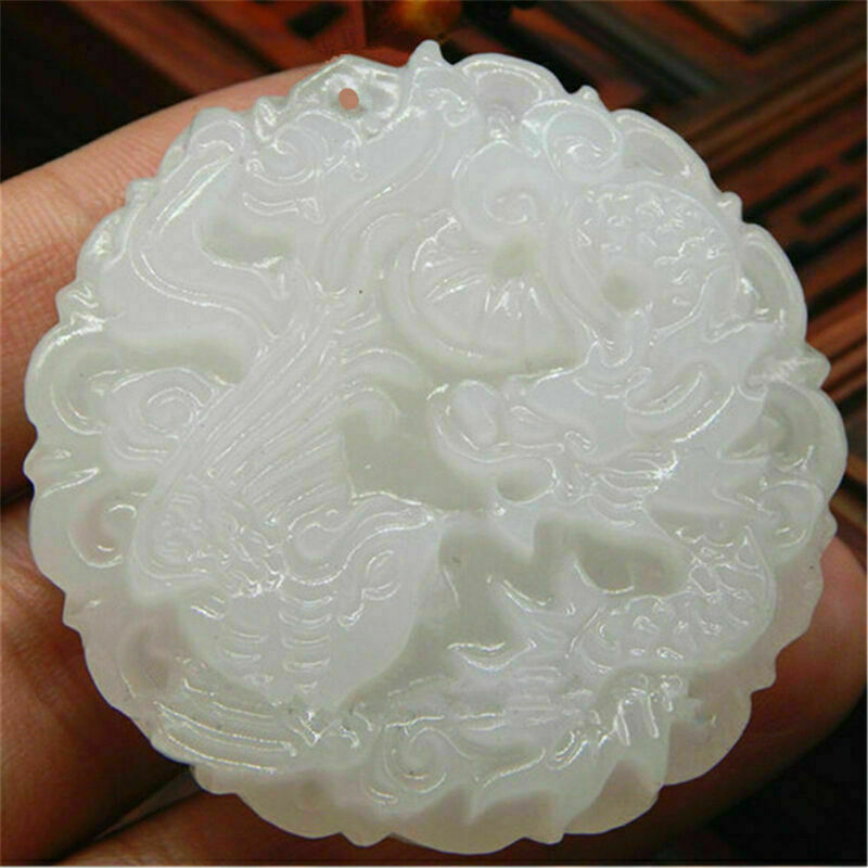 Old Chinese Ancient Natural White Hetian Jade Hand-carved Dragon Phoenix Pendant