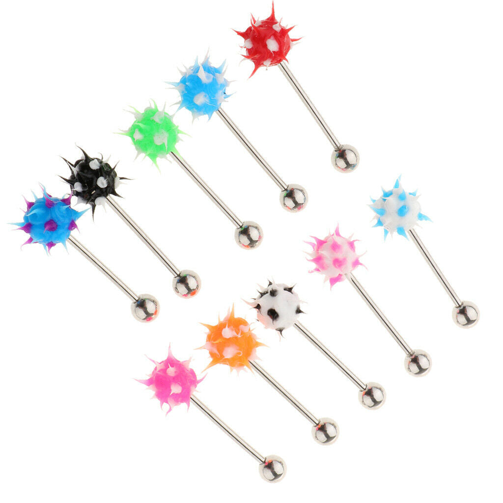 10Pcs Lip Tongue Bar Ring Straight Barbell Stainless Steel Silicone Ball 14G