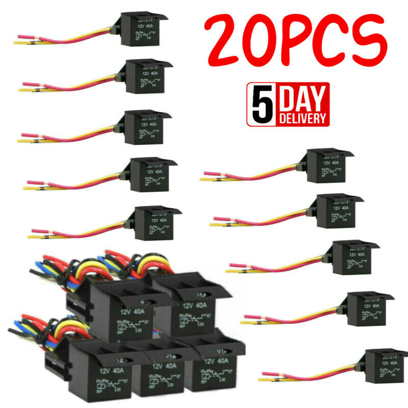20 SETS Automotive Relay + 5 Wire Harness Socket Car Vehicle 12V 30/40 AMP SPDT