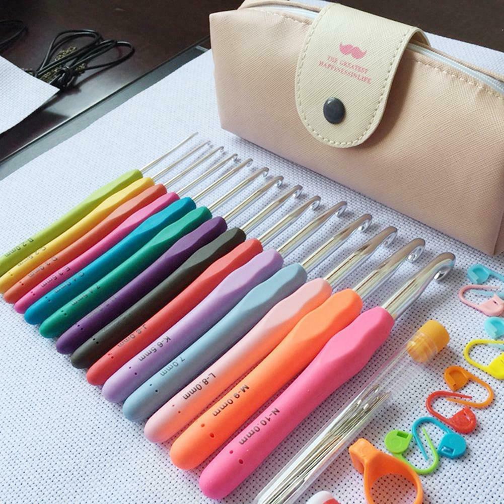 14pcs Aluminum Crochet Set Soft Handles Knitting Needles Kit Weaving Tool w/B @