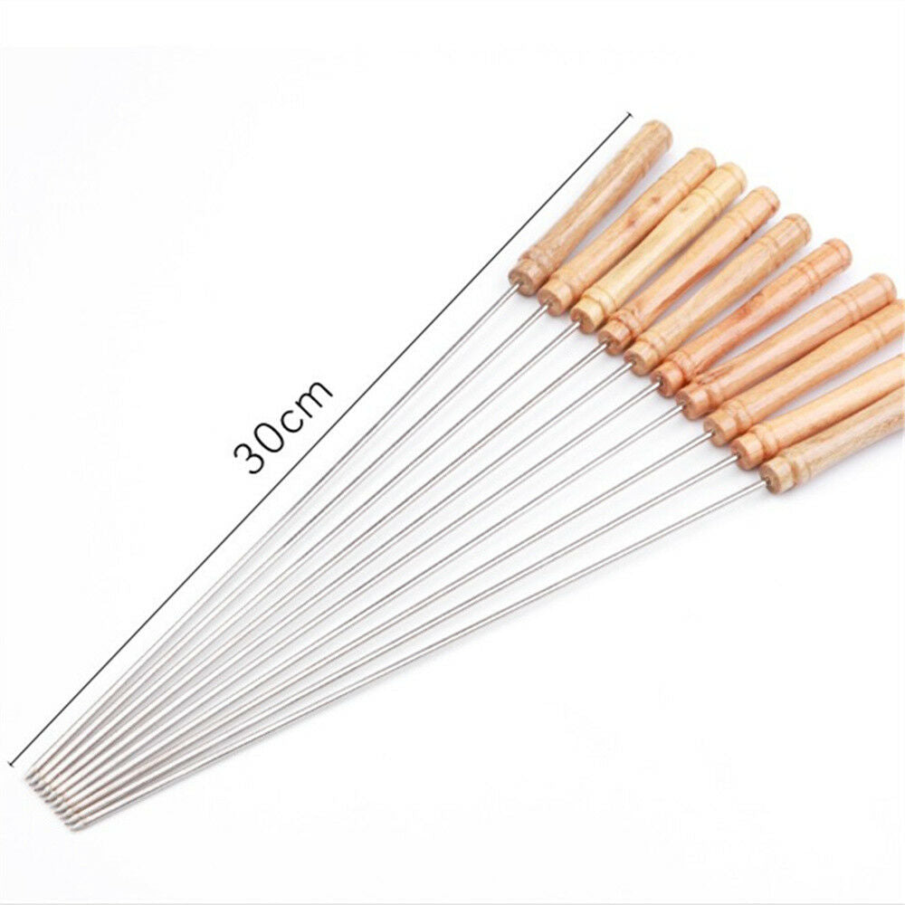 10 Pcs 30cm Stainless Steel BBQ Skewers Barbeque Kabob Needle Wood Sticks