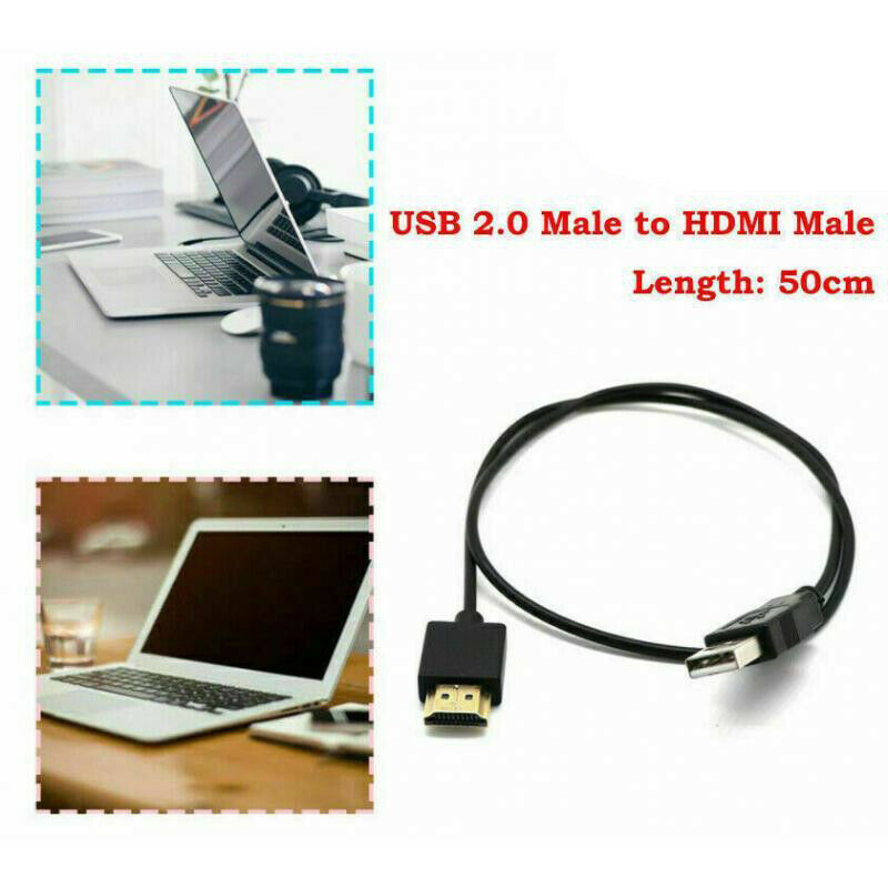 HDMI Male to USB 2.0 Male Plug Adapter Converter Connector Charger Cable 19"
