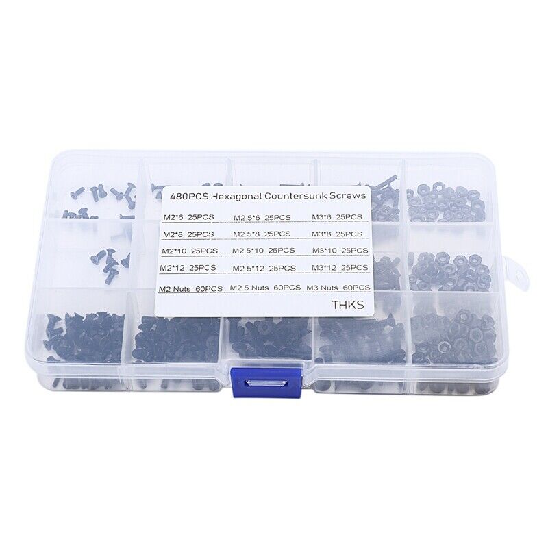 480Pcs/Set M2 M2.5 M3 Din7991 Iso1064 Black Grade 10.9 Countersunk Head SocketH5