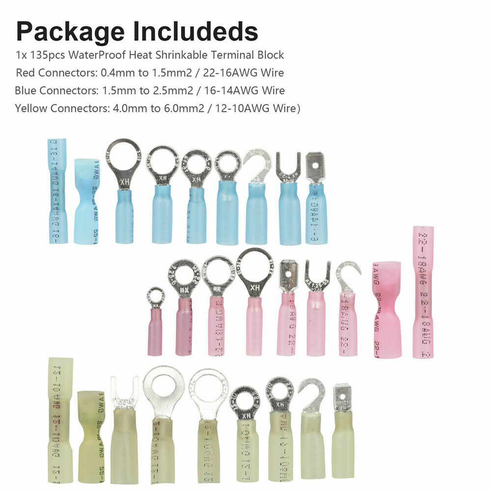 135pcs Heat Shrink Wire Connectors Marine Automotive Waterproof Terminals Set