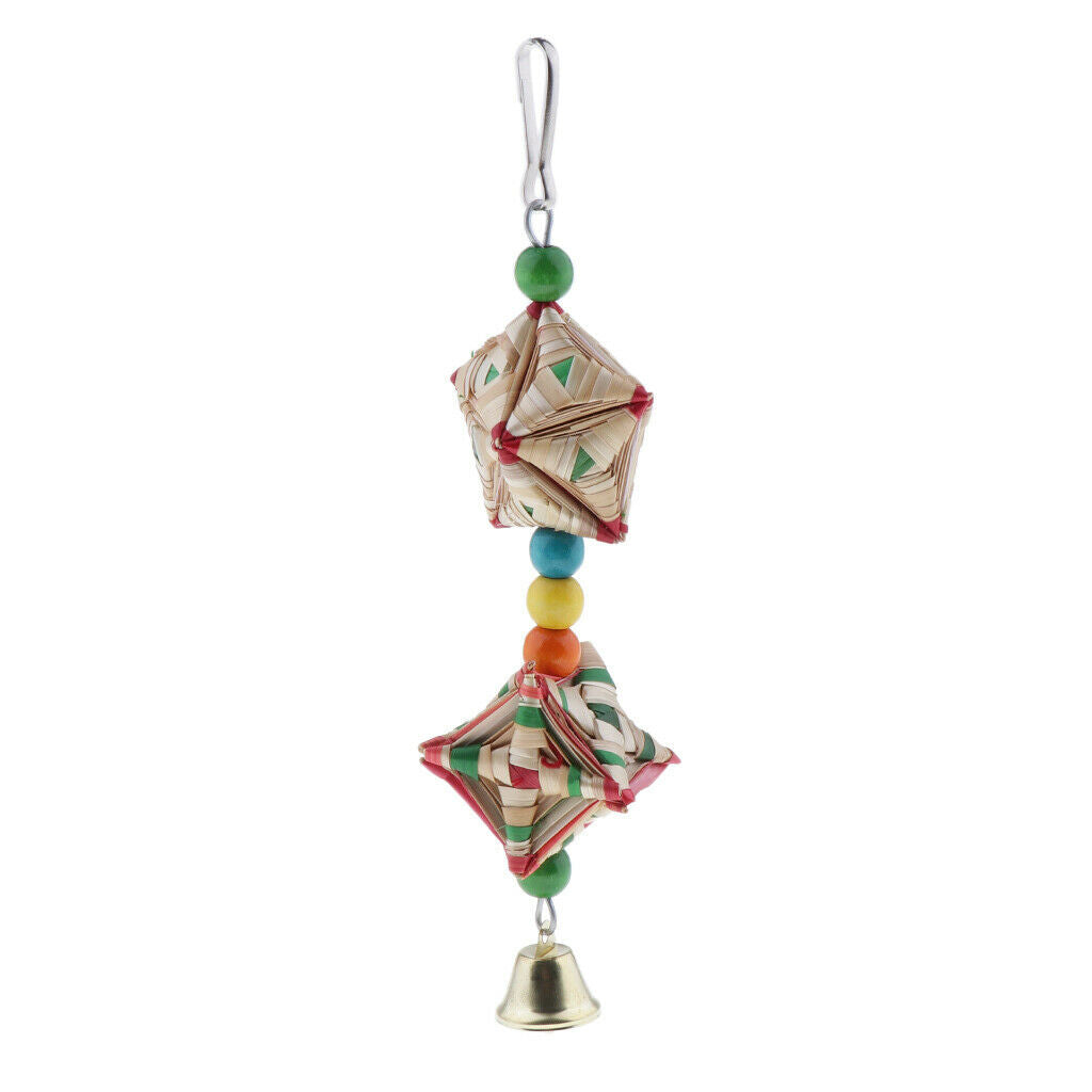 Natural Straw Bird Chewing Toys with Bells Hanging Parrot Toys Bird Cage Pendant