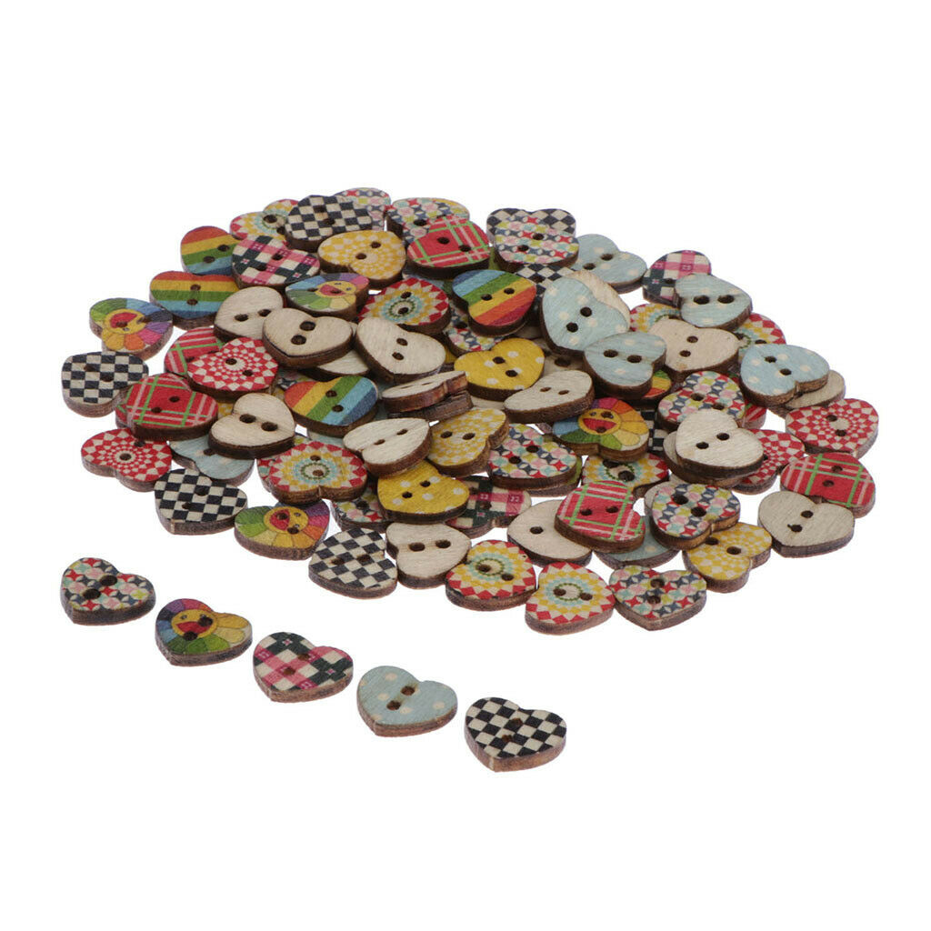 100-Pack Multicolored Heart Shaped 2 Holes Wooden Sewing Buttons for Crafts