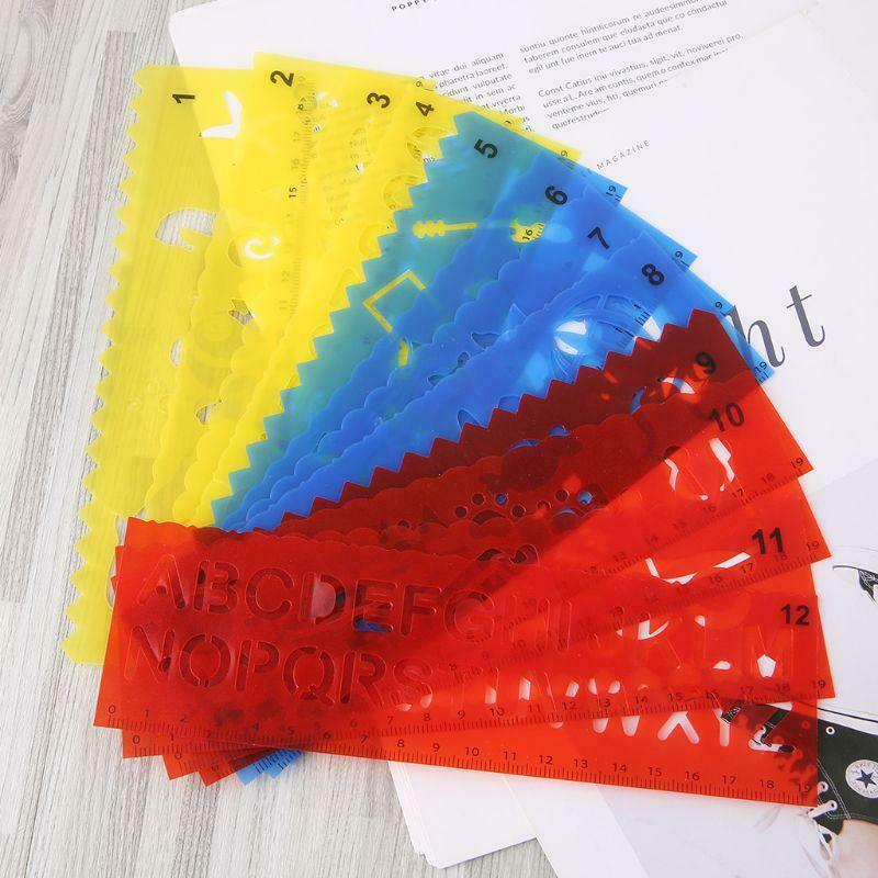 12Pcs Kids Cartoon Drawing Molds Ruler Plastic Children Painting Stencils DIY