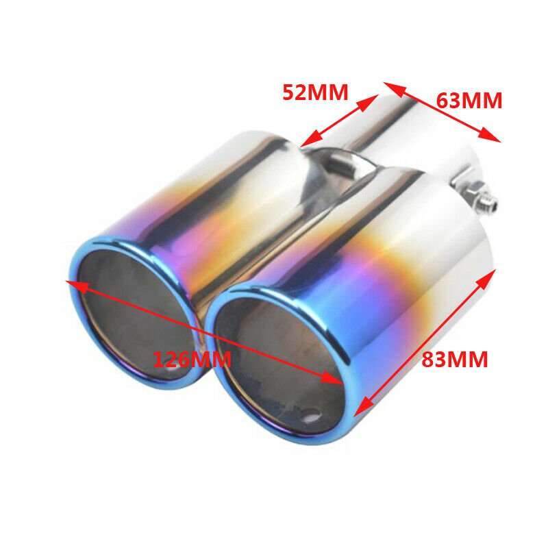 63mm Inlet Car Exhaust Pipe Tip Muffler Stainless Steel Dual Outlet Toasted Blue