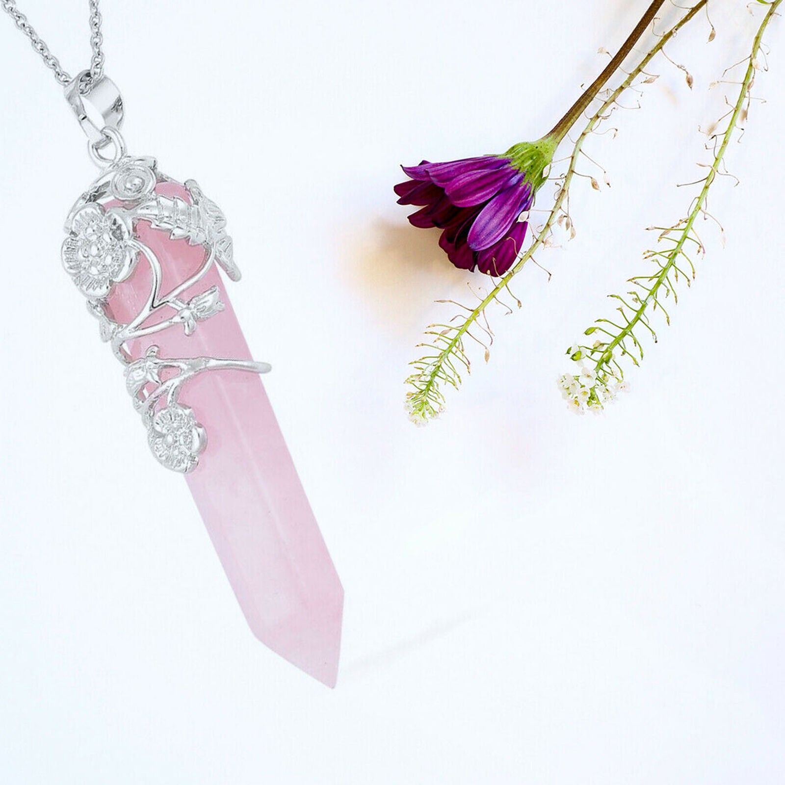 Rose Quartz Pendant Necklace Jewelry Gifts Size 24'' Ct 30 Steel