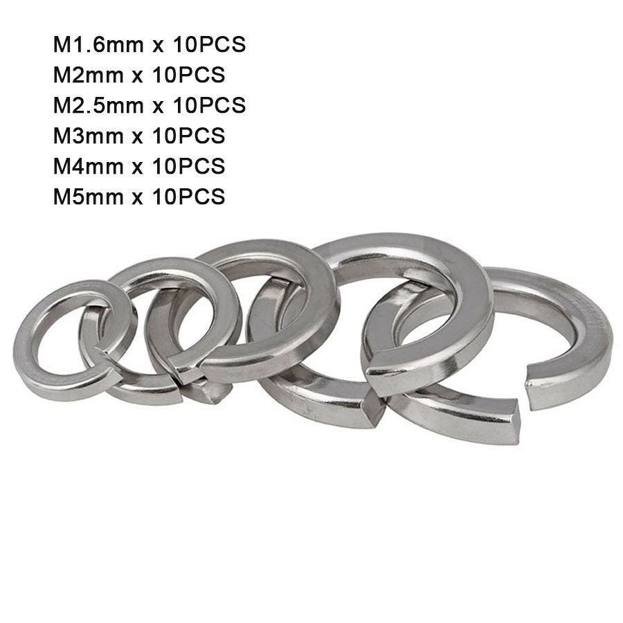 60pcs M1.6,2,2.5,3,4,5 Split Lock Spring Coil Washers Kit A2 304 Stainless Steel
