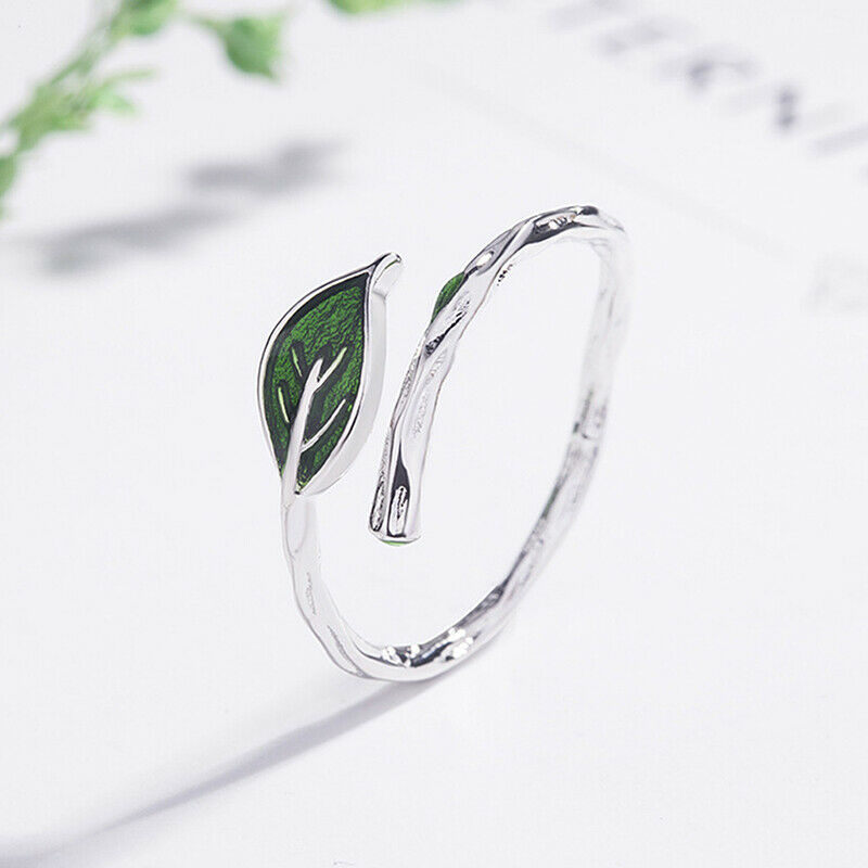 art small fresh branch green leaf ring Creative simple opening adjustable.l8