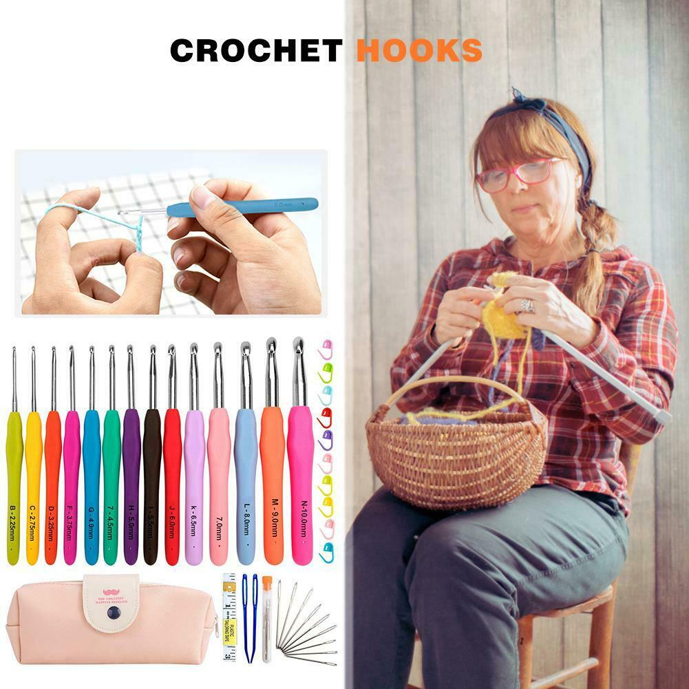 14pcs Aluminum Crochet Set Soft Handles Knitting Needles Kit Weaving Tool w/B @