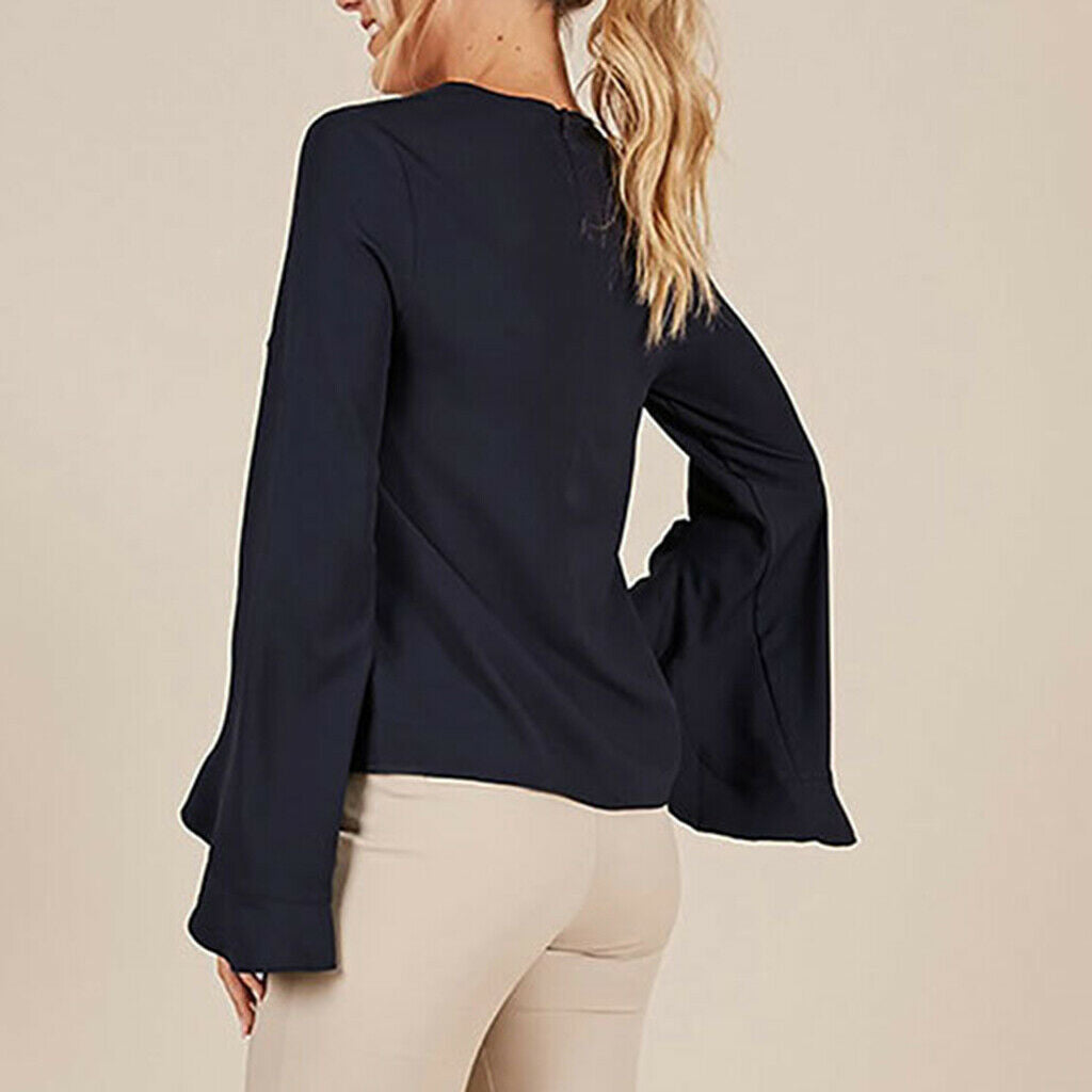 Women's Solid Round Neck Irregular Ruffle Sleeve Chiffon Shirt Blouse L Blue