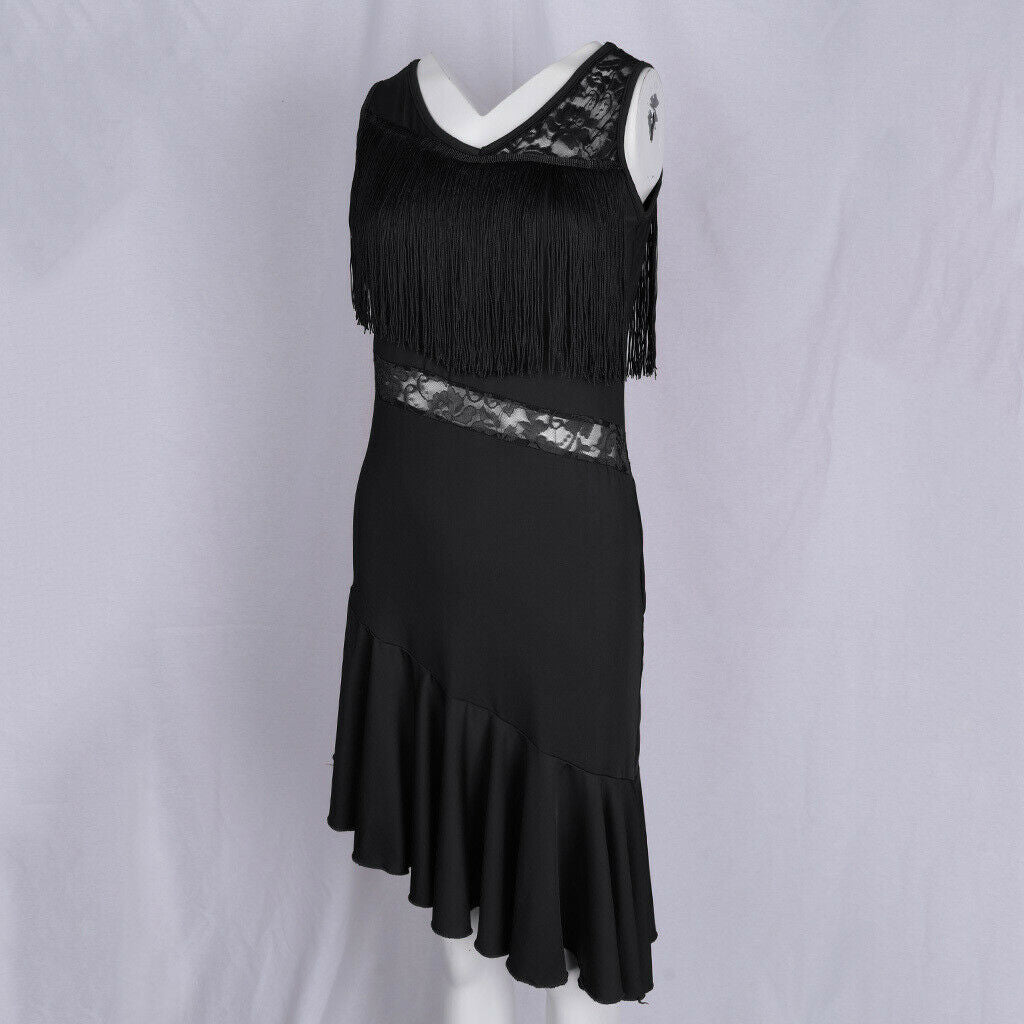 Latin Tassel Dance Dress Fringe Stage Performance Costume Dancewear L Black