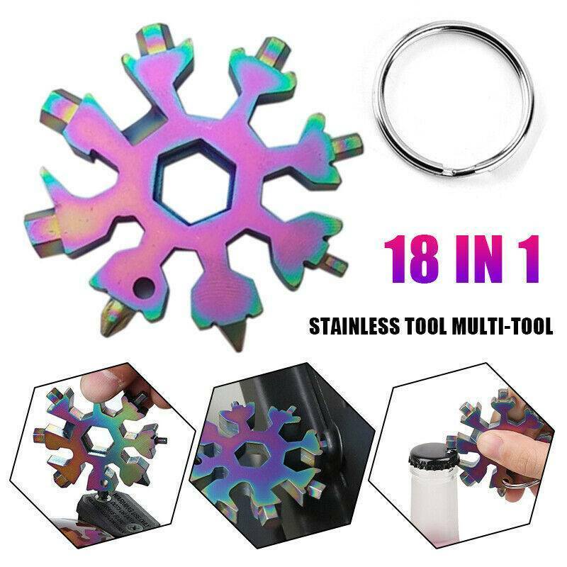 1pc 18In1 DIY Stainless Multi-Tool Rainbow Snowflake Shape Key Chain Screwdriver