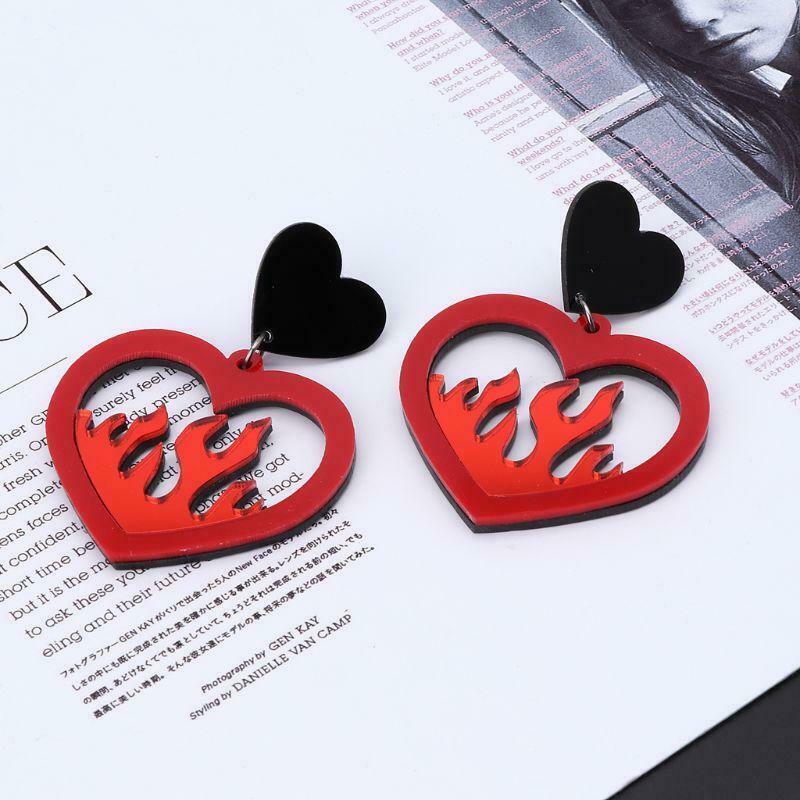 Acrylic Red Heart Fire Dangle Earrings Pendant Statement Women Fashion Jewelry