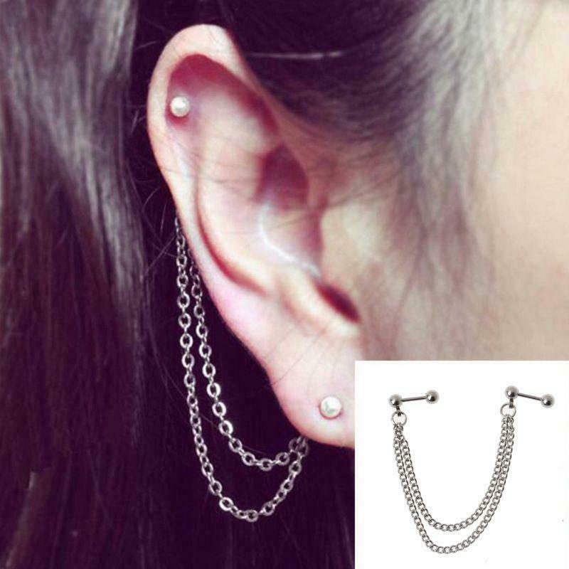 1Pc Punk Ball Stud Cartilage Ear Cuff Wrap Double Chain Piercing Unisex Earring