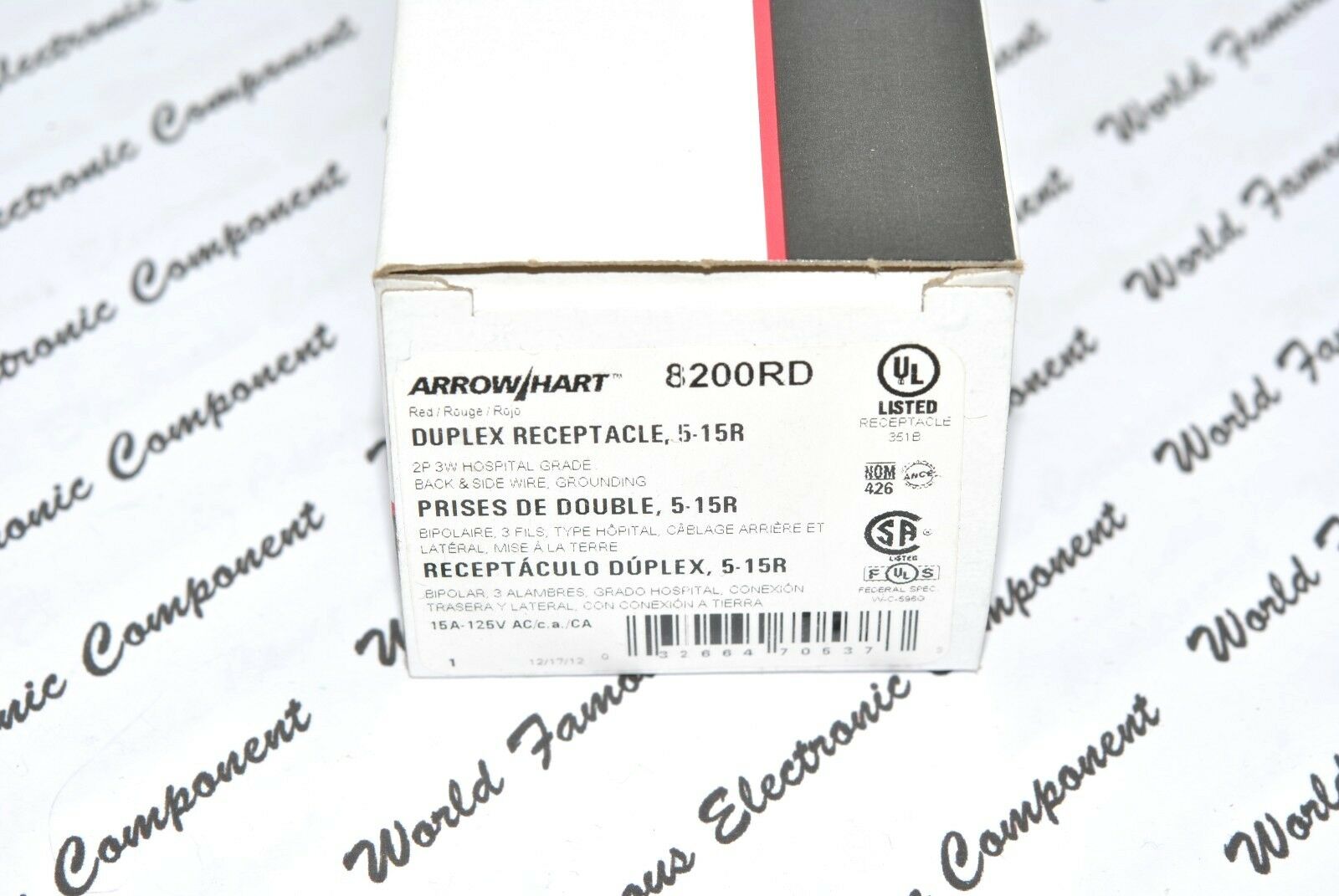 1pcs - EATON COOPER 8200RD 15A-125V NEMA 5-15R Hosptial Grade Duplex Receptacle