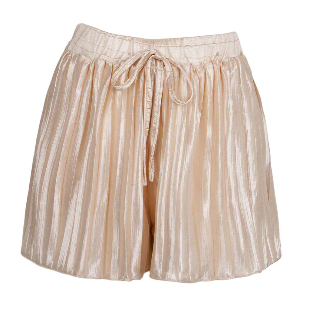 Womens Casual Pleated Chiffon Shorts Culottes Wide Leg Mid Rise L Beige