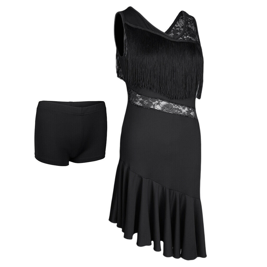 Latin Tassel Dance Dress Fringe Stage Performance Costume Dancewear L Black