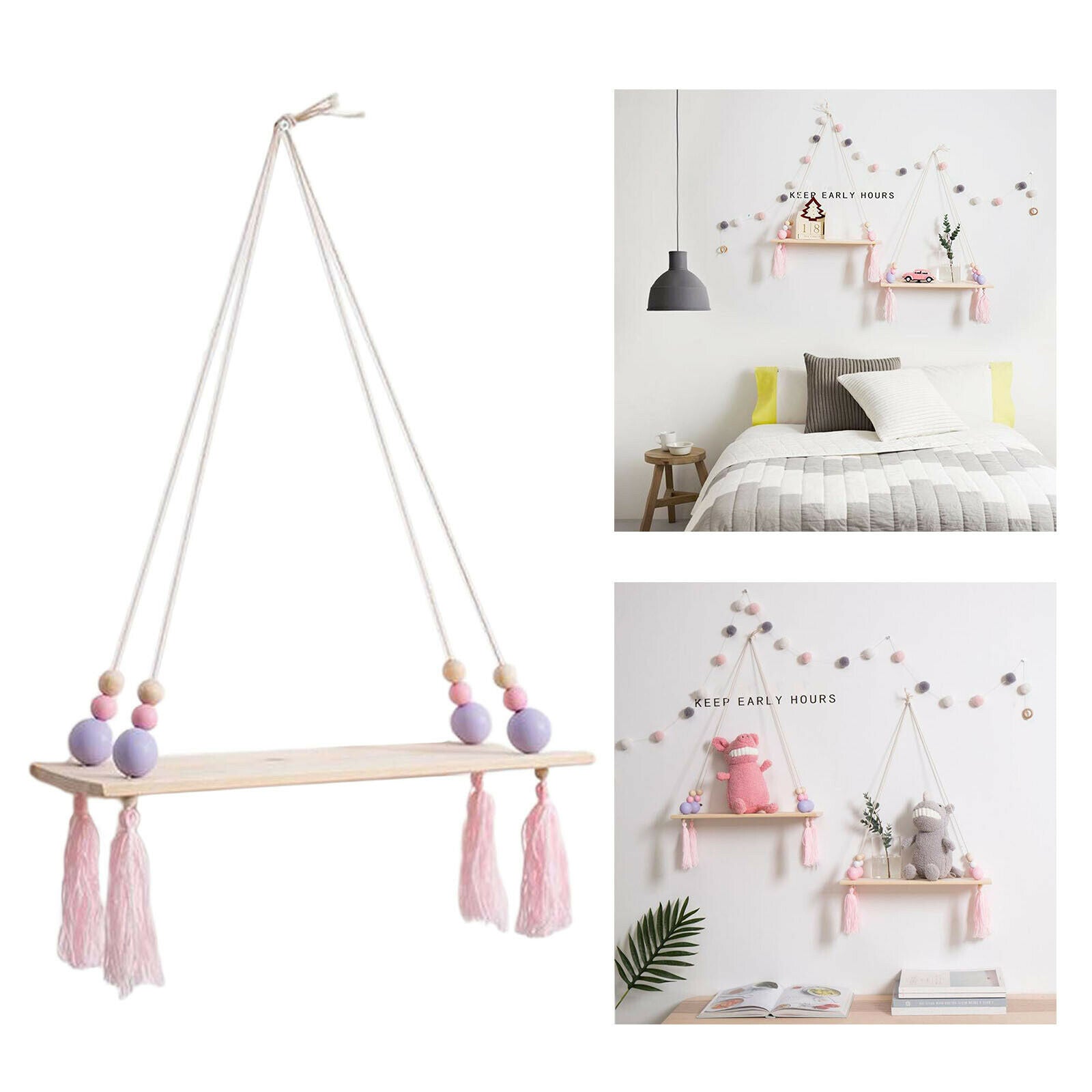 Wooden Wall Shelf Rope Hanging Floating Shelf Flower Pot Stand Purple Bead