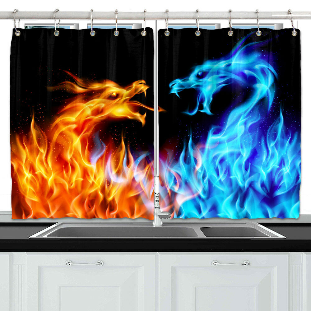 Ice and Fire Dragon Window Curtain Treatments Kitchen Curtains 2 Panels, 55X39"
