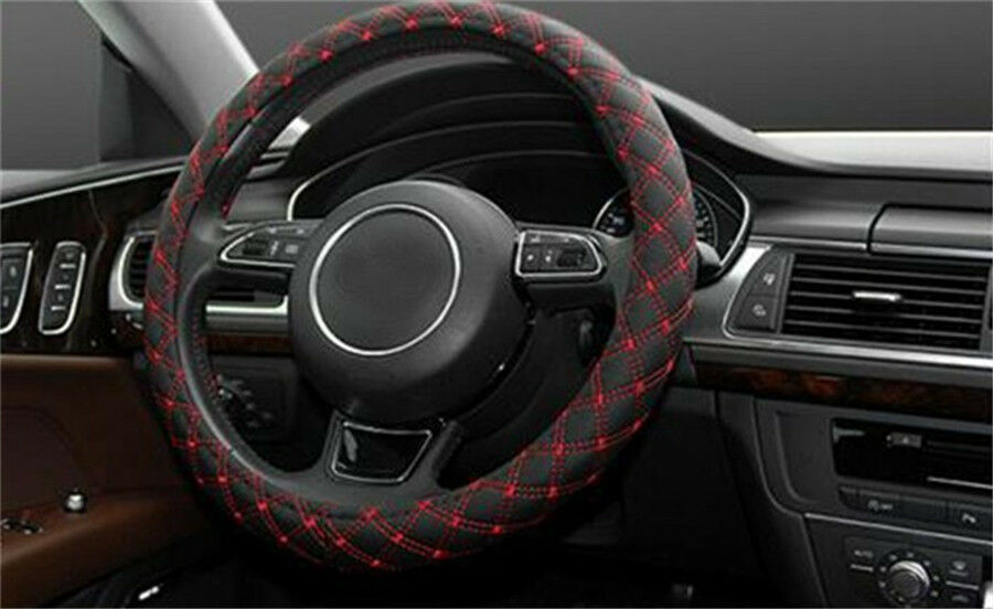2PCS Car Steering Wheel Cover Black & Red Stitching PU Leather Universal 38cm