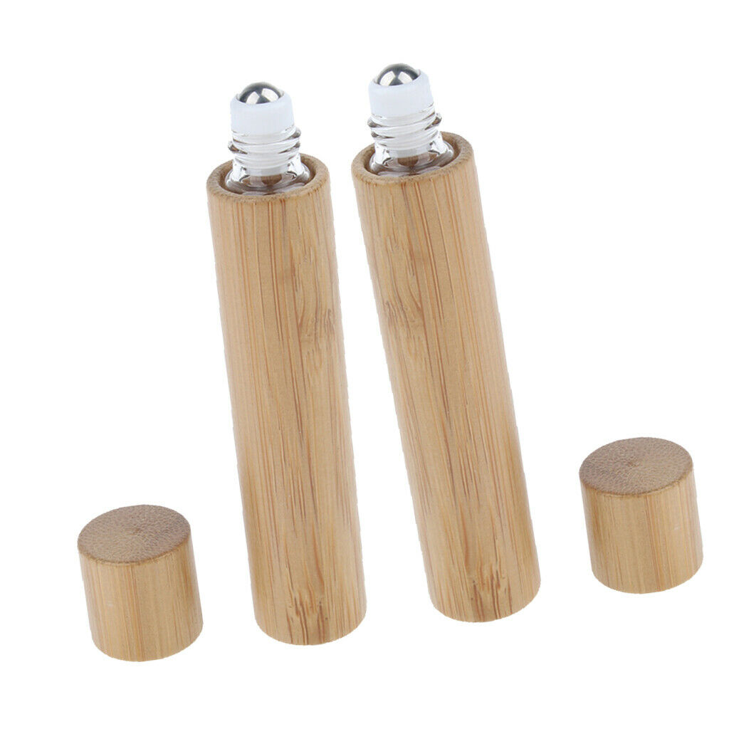 2Pcs Empty Refillable Bamboo Shell Glass Perfume Roller Ball Bottle Cases