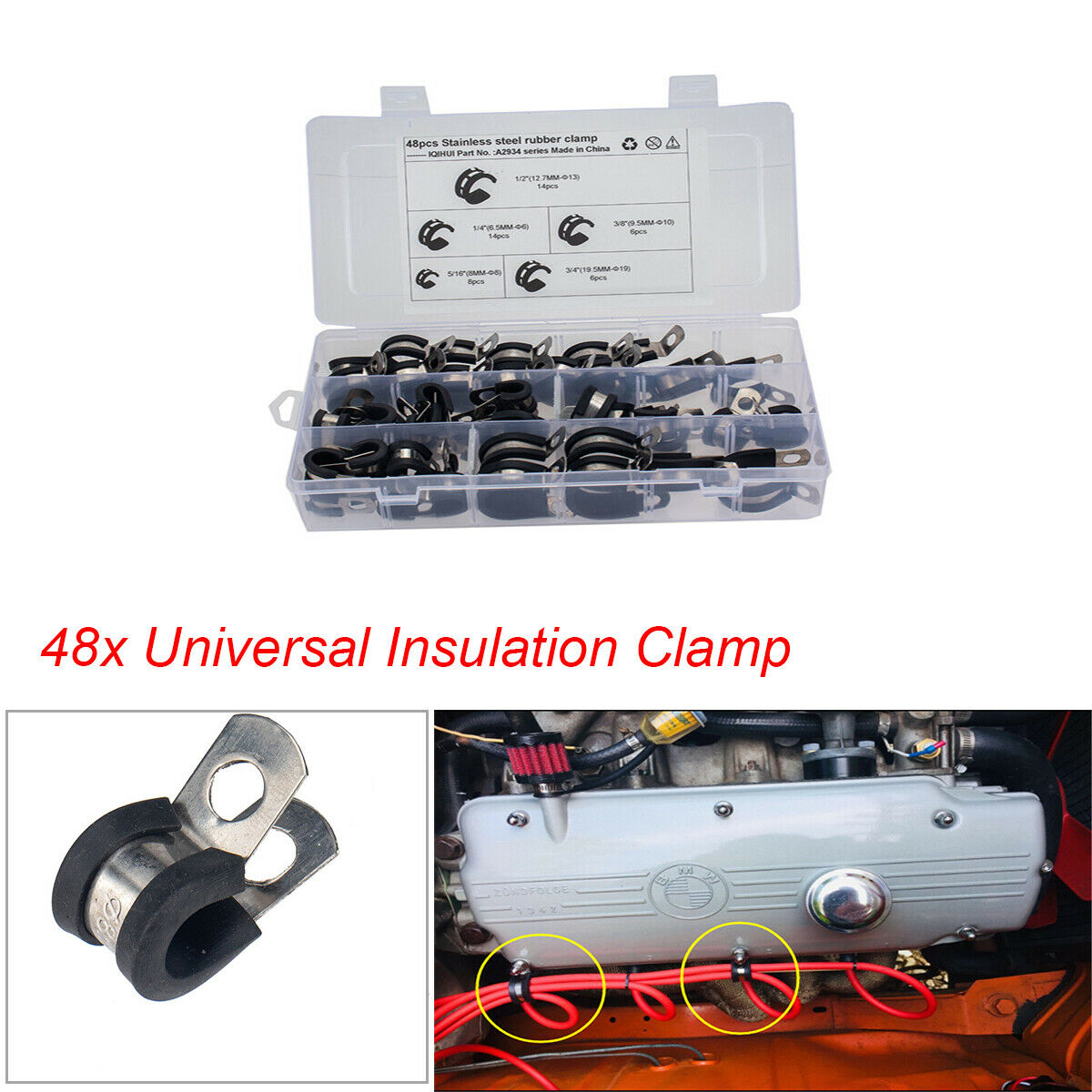 48PCS Universal Hose Rubber Gasket Insulated Cable Clamp Set 1/4" 3/4" 3/8"