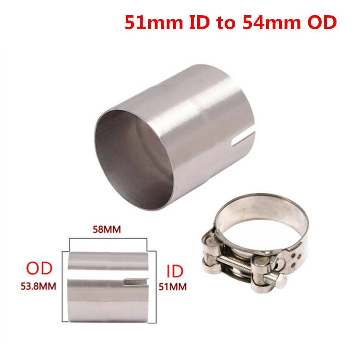 51mm Change to 54mm Motorcycle Exhaust Pipe Convertor Adapter Connector w/ Clamp