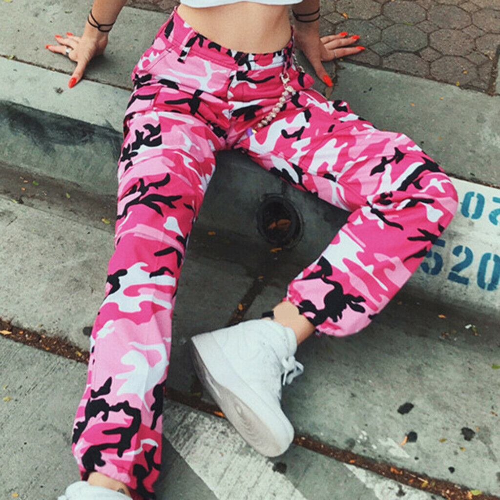 Women Camo Cargo Pants Jogger Casual Trousers Ankle Band BUD Pants Pink S