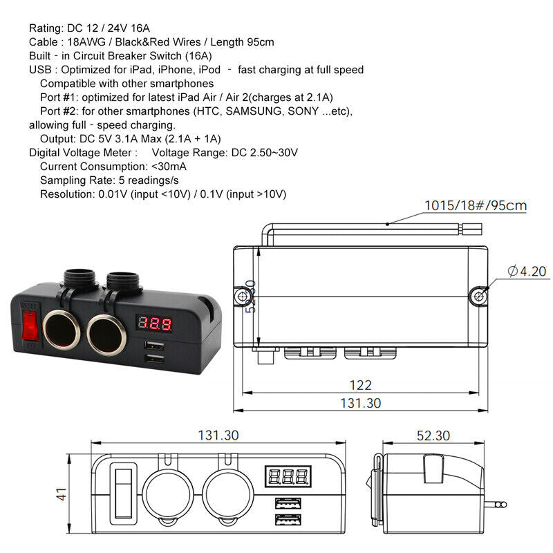 LED 12/24V Car Truck Fast Charger Socket Dual USB Port Voltmeter w/Rocker Switch