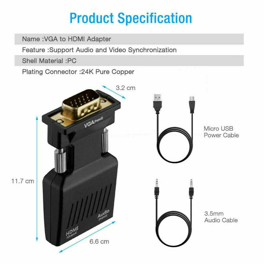 1PC VGA To HDMI Adapter FHD 1080P Audio Video Converter Laptop PC To TV HDTV AV