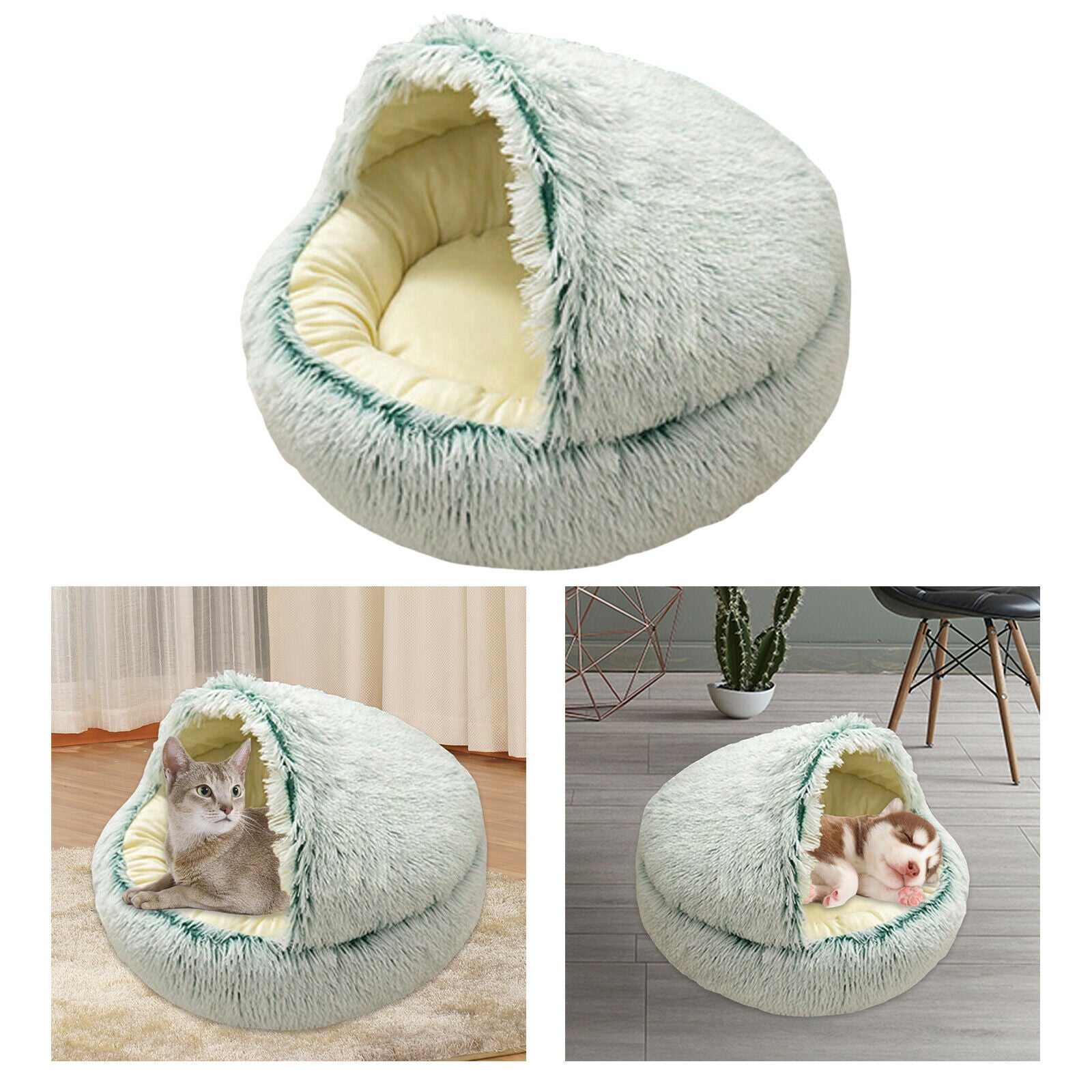 Round Plush Pet Dog Cat Bed Fluffy Warm Calming Sleeping Kennel 60cm Green