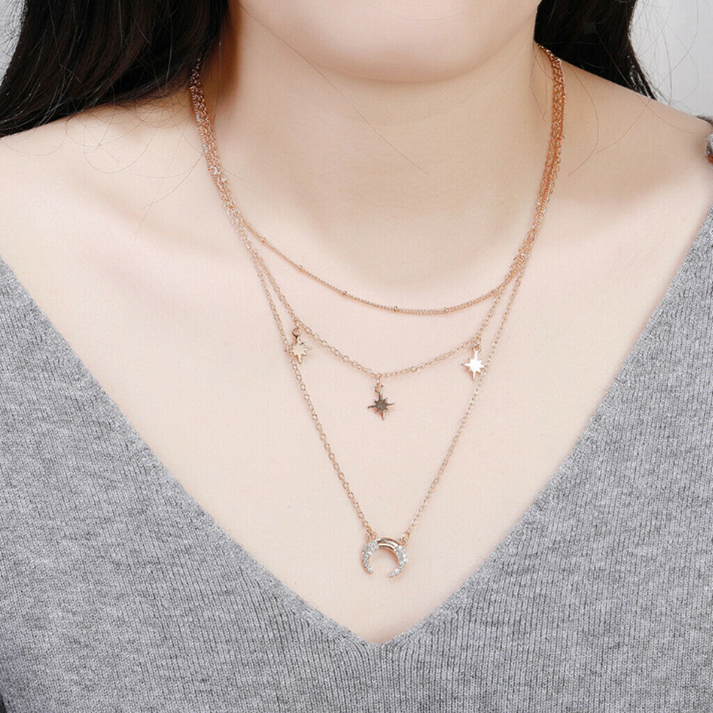 Star Moon Crescent Drop Charm Pendant Necklace Long Chain Boho Jewelry