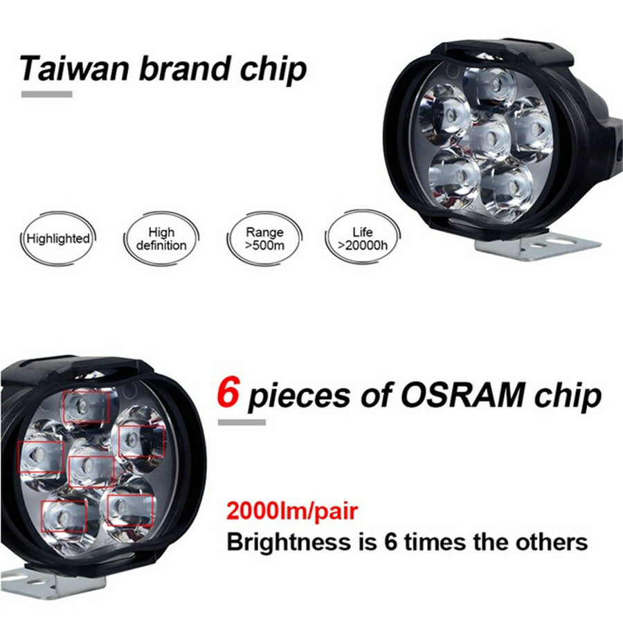 2Pcs 20W 12LED 2000LM Motorcycle Headlight Driving Fog Spotlight Lamp w/ Switch