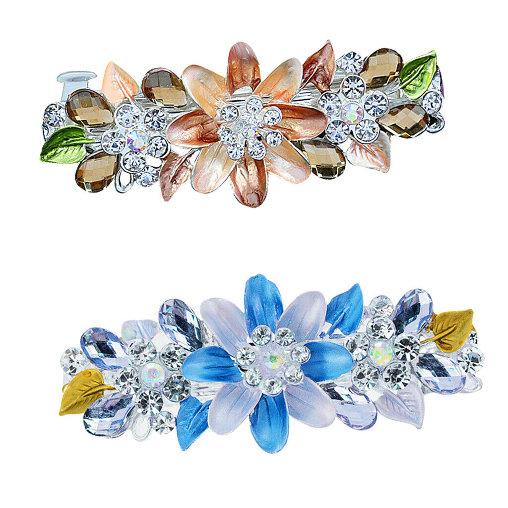 2pcs Flower Diamante Rhinestone Spring Barrette Hair Clip Clasp Headwear for