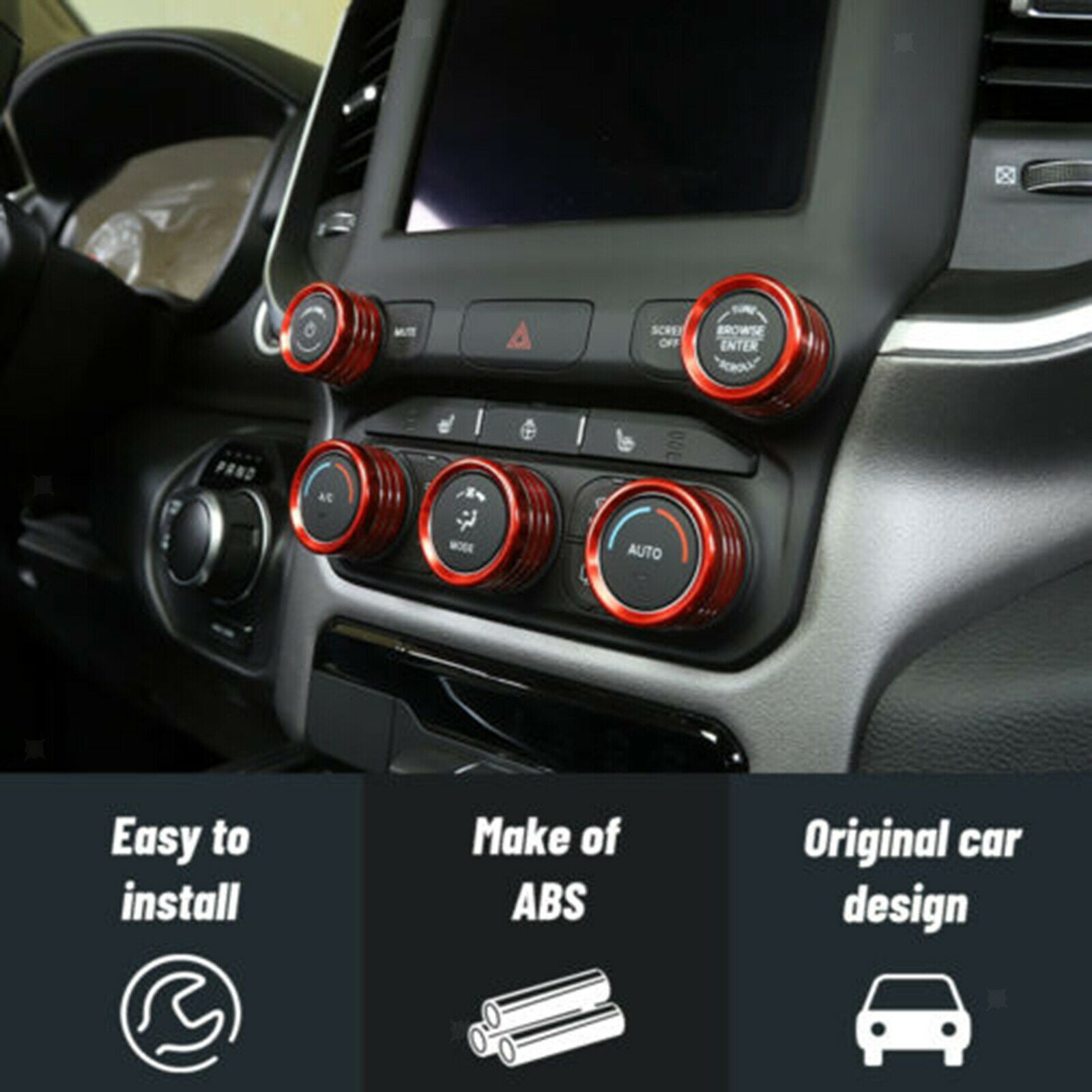 Center Console AC Radio Switch Knob Cover Rings For Dodge RAM 1500 2018+ Red