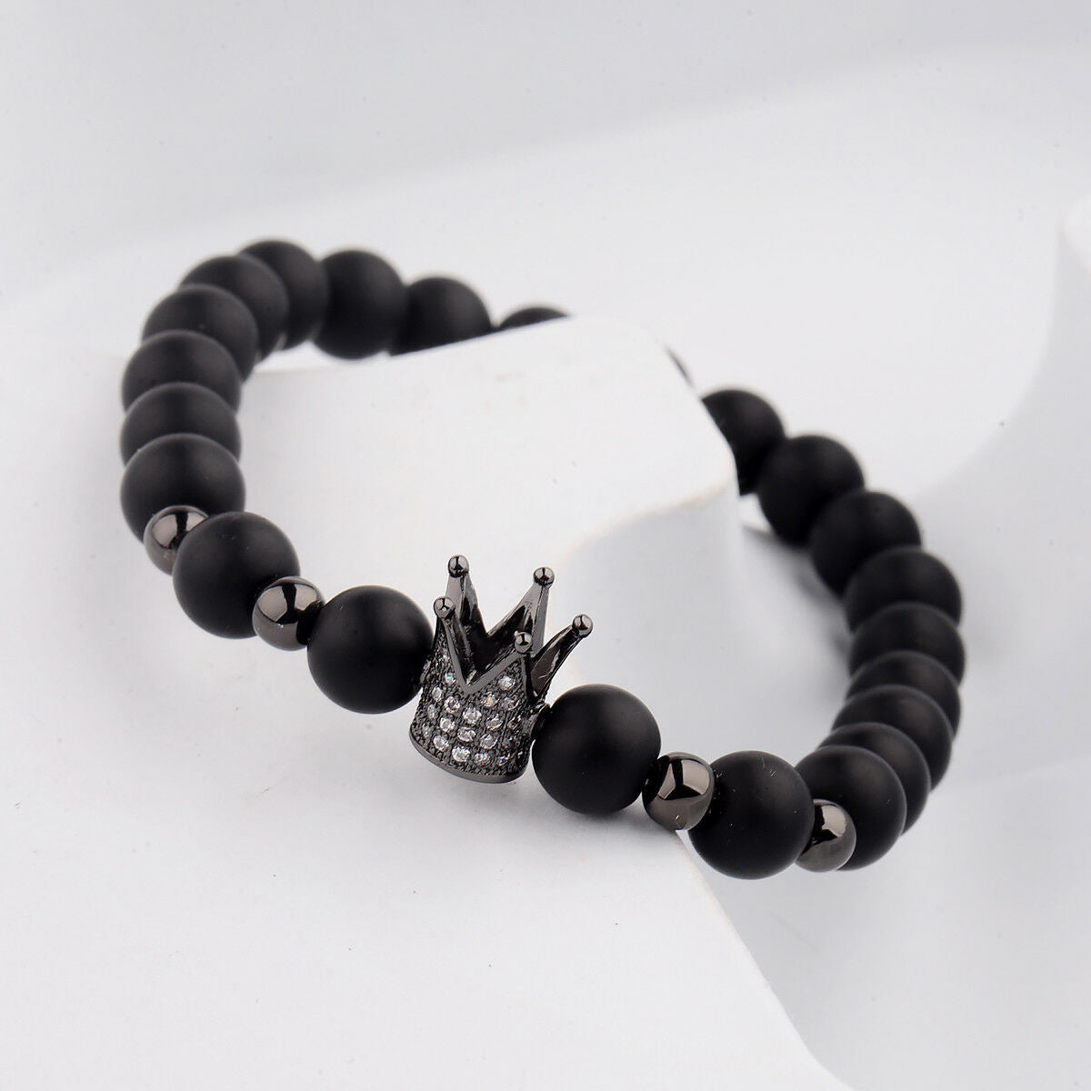 8MM Crown Natural Stone Matte Black Charm Men's CZ Copper Bead Chuck Bracelet