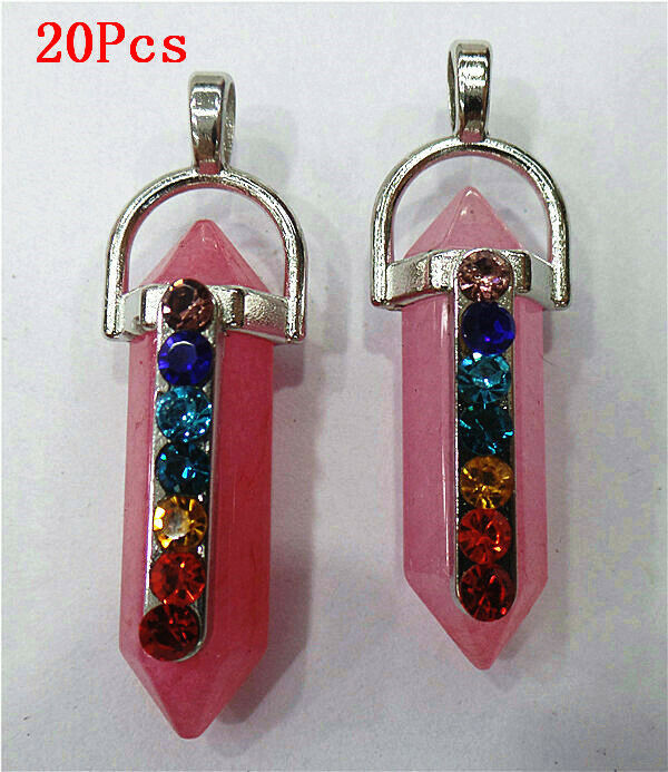 20Pcs 41x8mm Pink Malay Jade 7 Chakra Point Healing Hexagon DIY Pendant HH8052