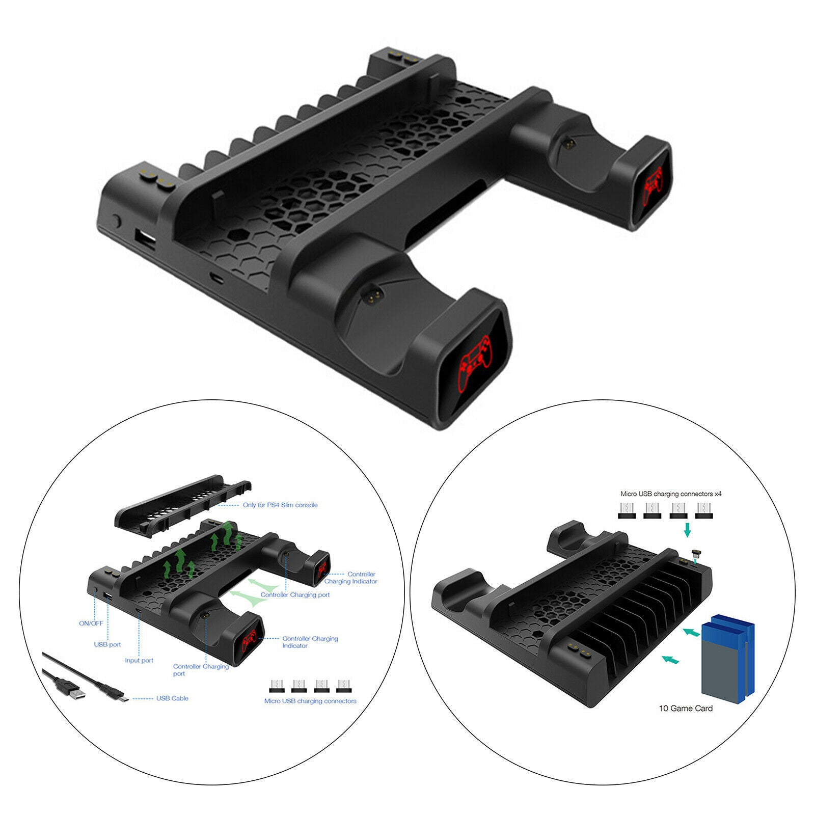 Stand Cooling Fan Station for PS4 Pro Base 10 Game Slots Non-Slip Feet