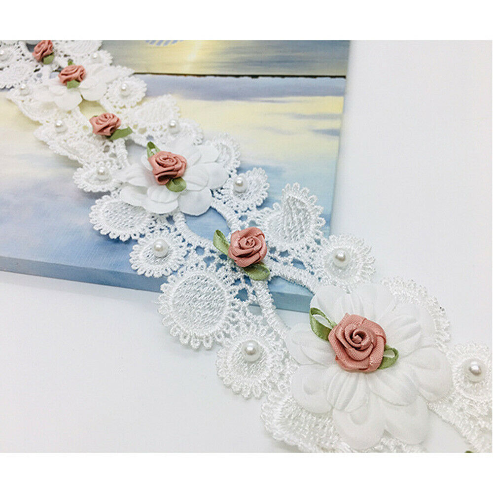 1yd Rose Flower Beaded Lace Trim Water-soluble Polyester Handmade Clothing Decor