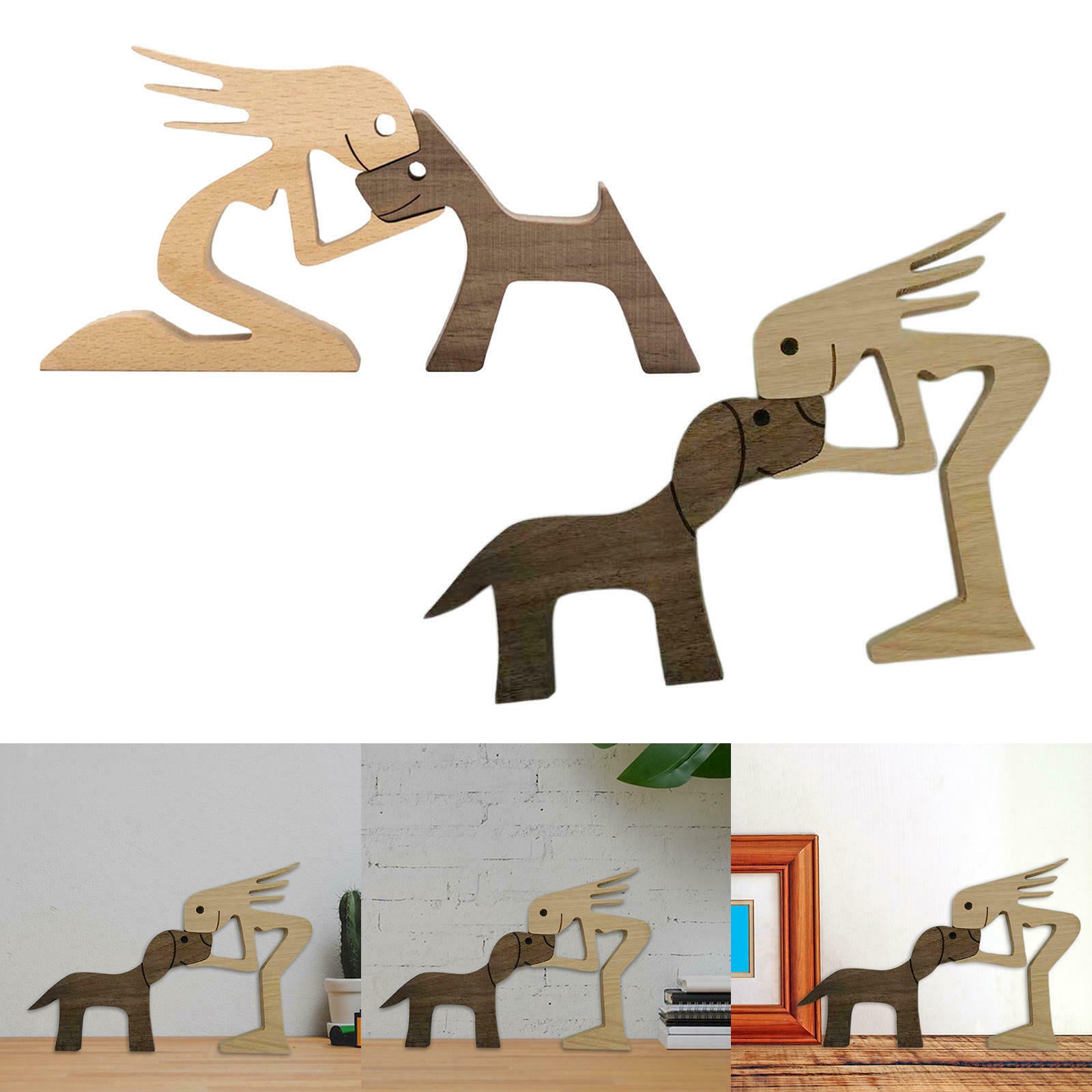 2pcs Wood Carving Cute*Dog Statue Pet Sculpture Statue Bookcase Shelf Decor